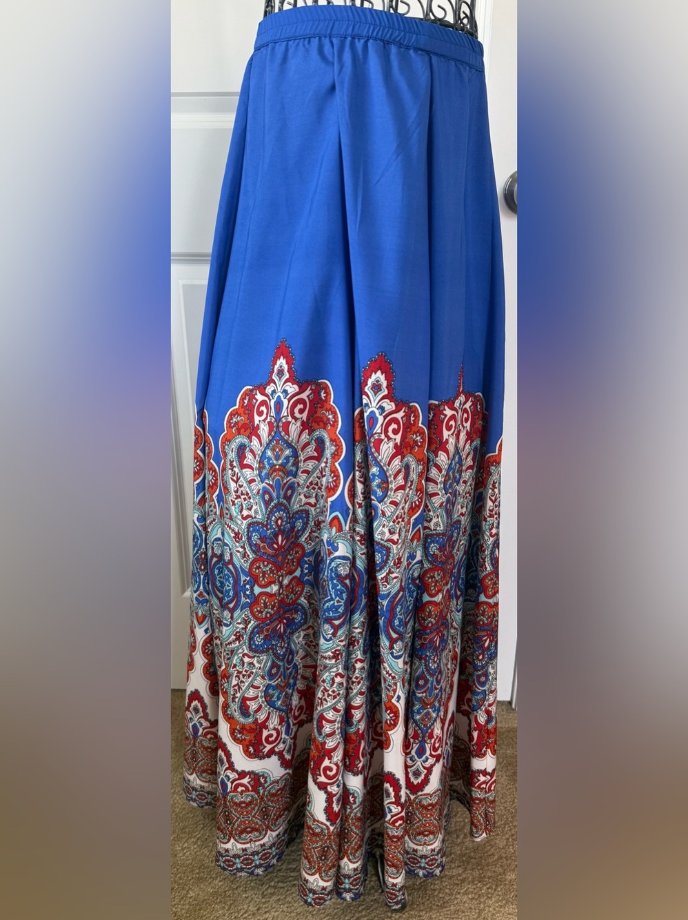 Cupio Blue Maxi Boho Skirt with Red Paisley print